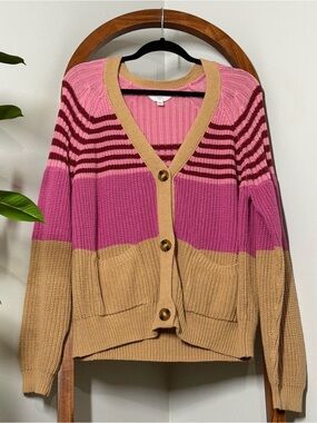 Time and Tru XL Pink Tan Stripe Colorblock Button Knit Cardigan Sweater